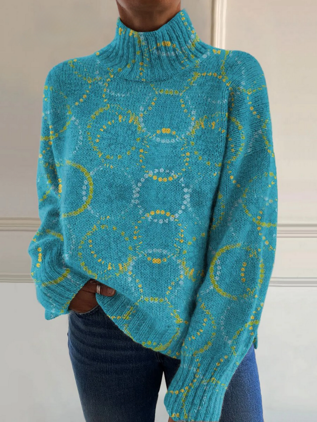 Turtleneck Sweater with Colorful Circle Print
