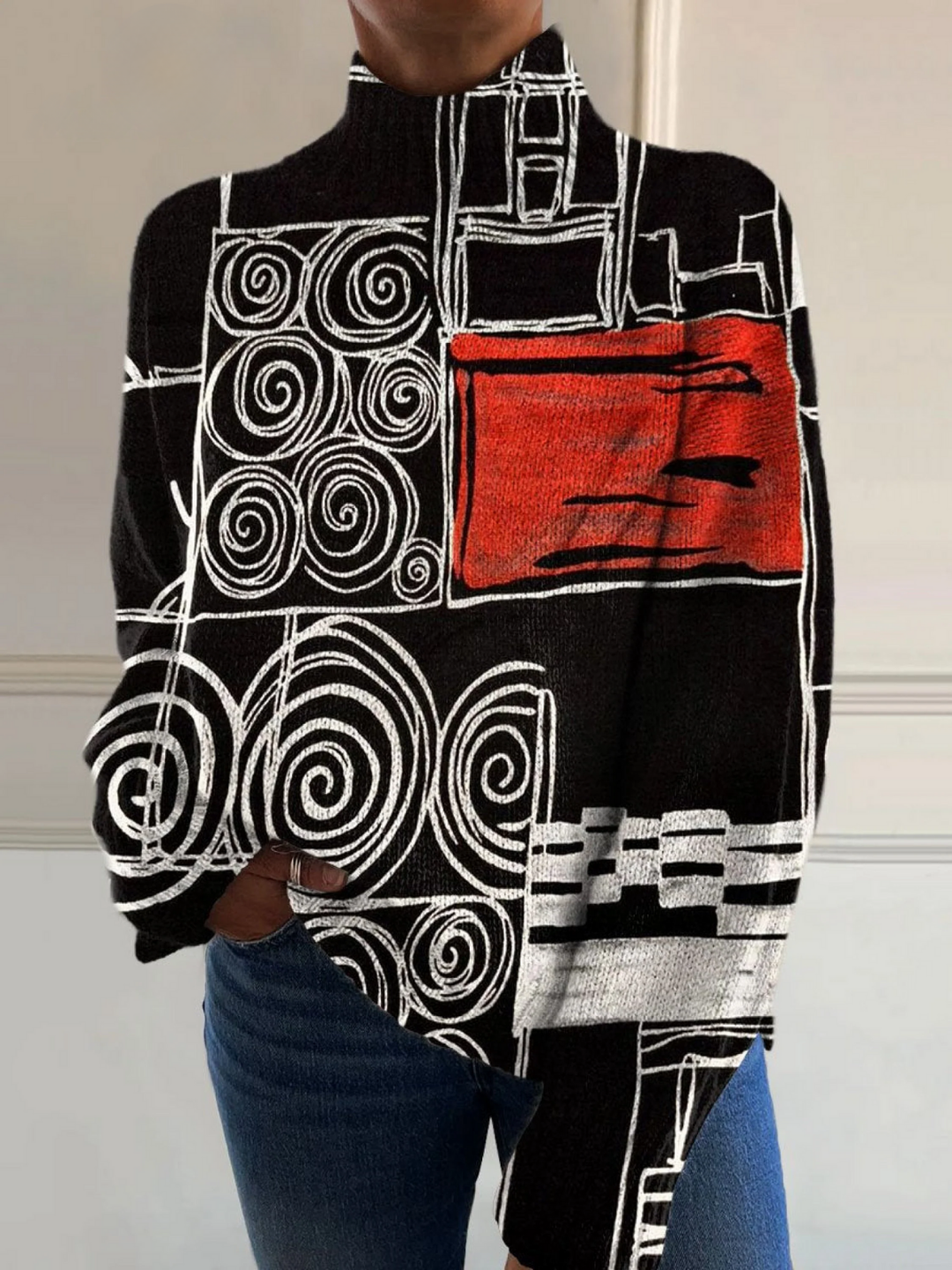 Turtleneck Sweater with Abstract Circle Print