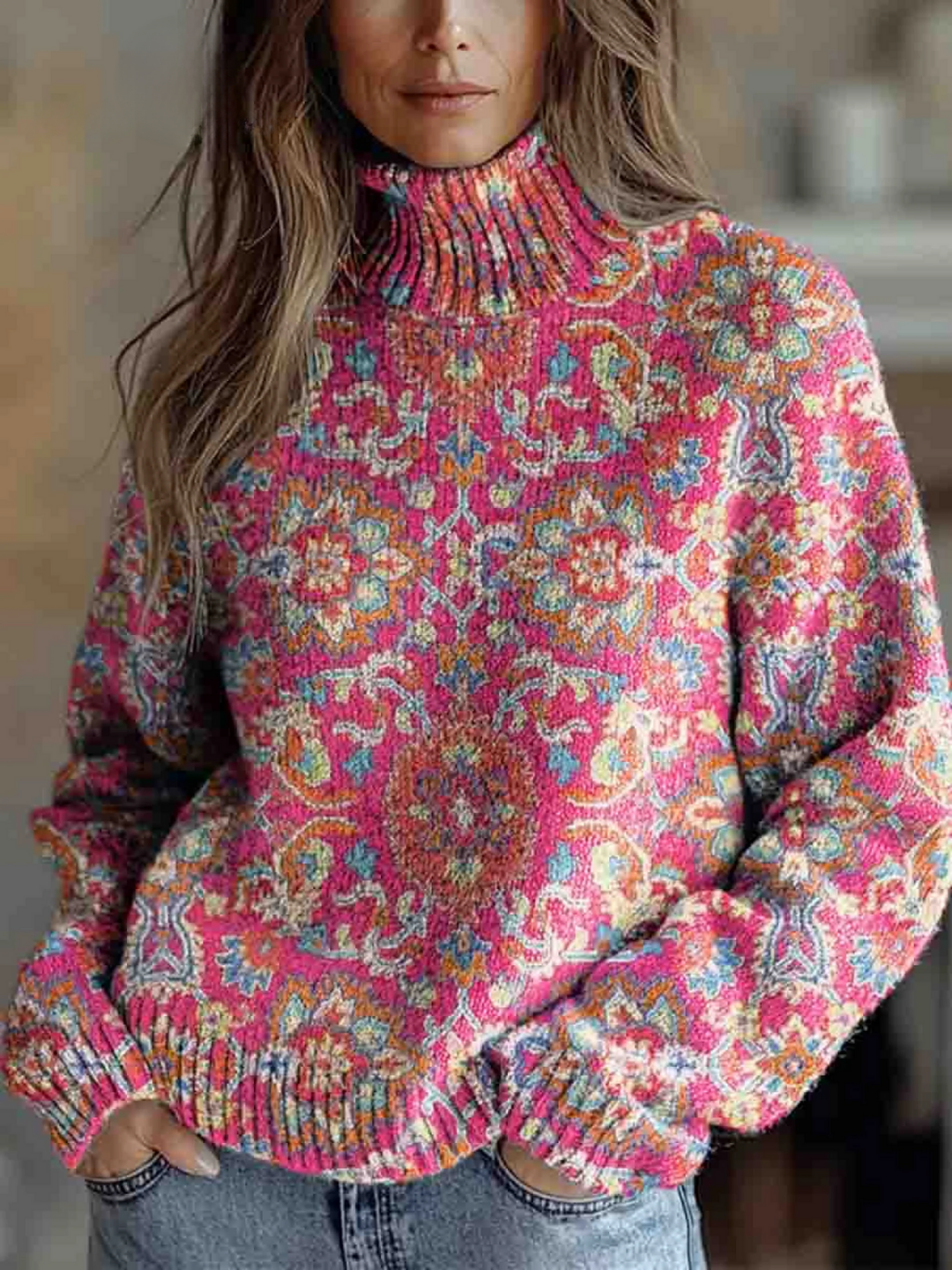 Rollkragenpullover mit retro-ethnischem Blumendruck