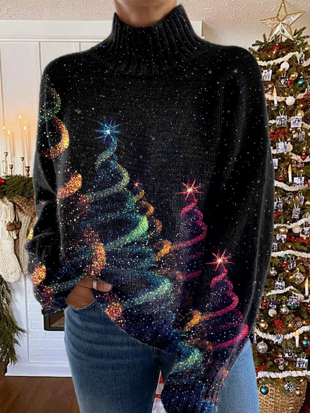 Rollkragenpullover mit Glitzer-Weihnachtsbaumdruck