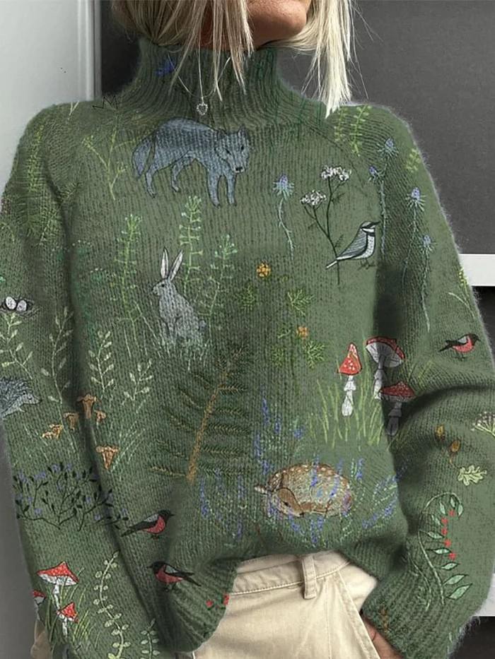 Jersey de cuello alto con estampado de bosques y animales