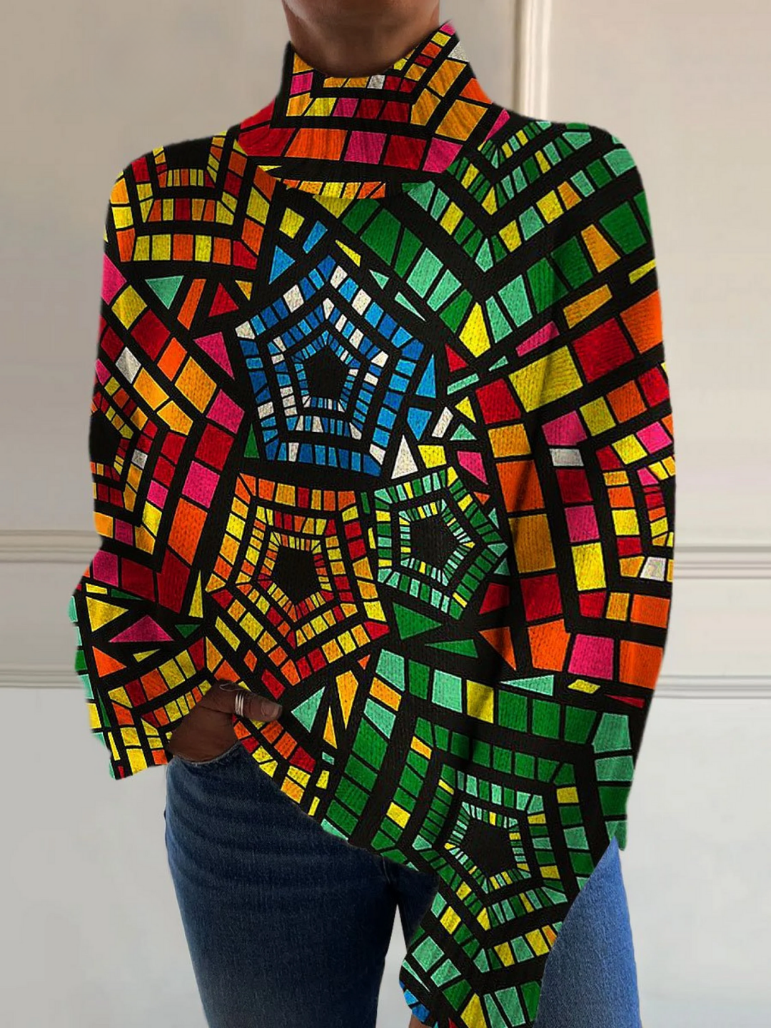 Pull rétro à col roulé et imprimé géométrique coloré