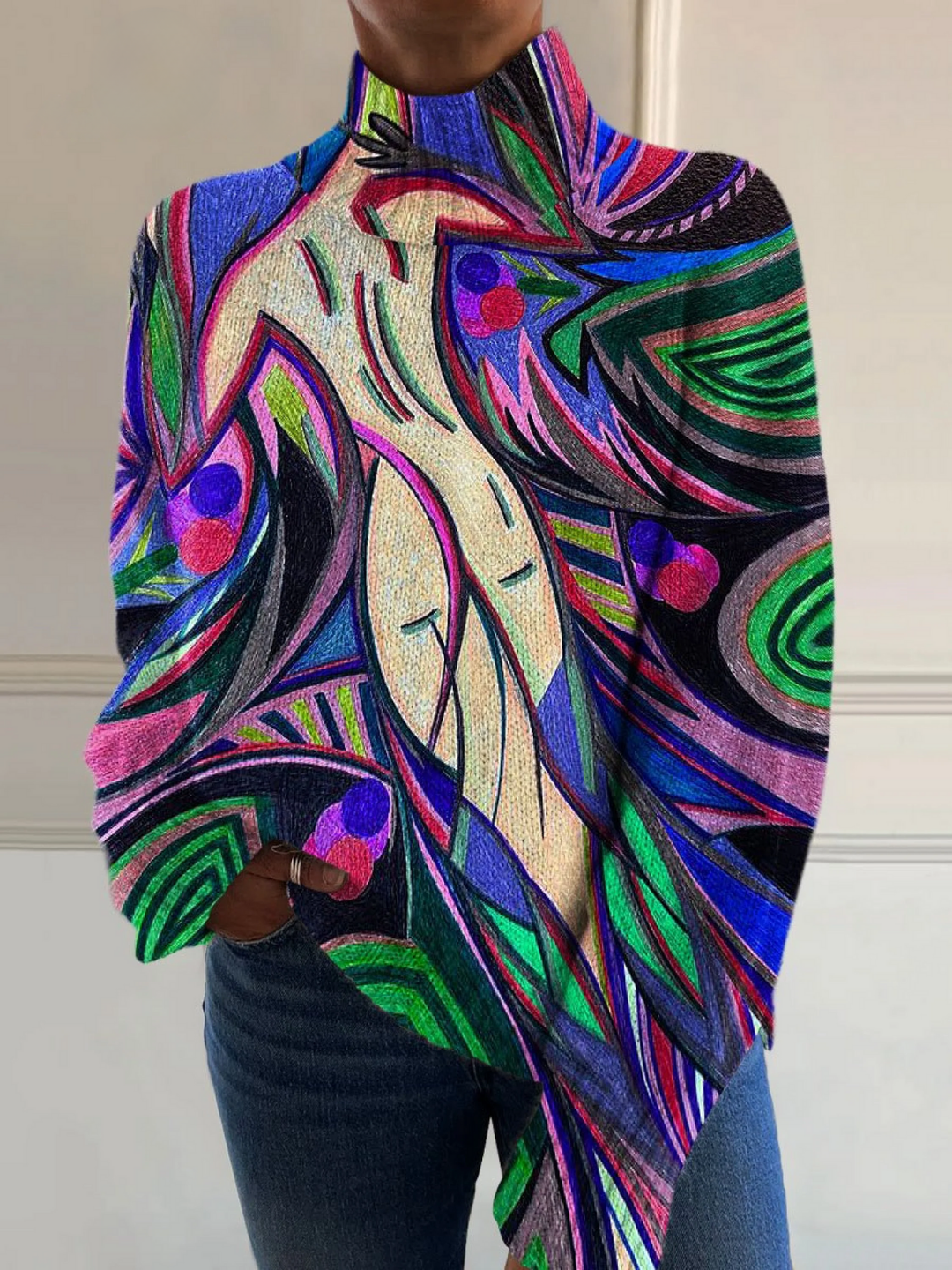 Pull rétro à col roulé avec impression d'art abstrait