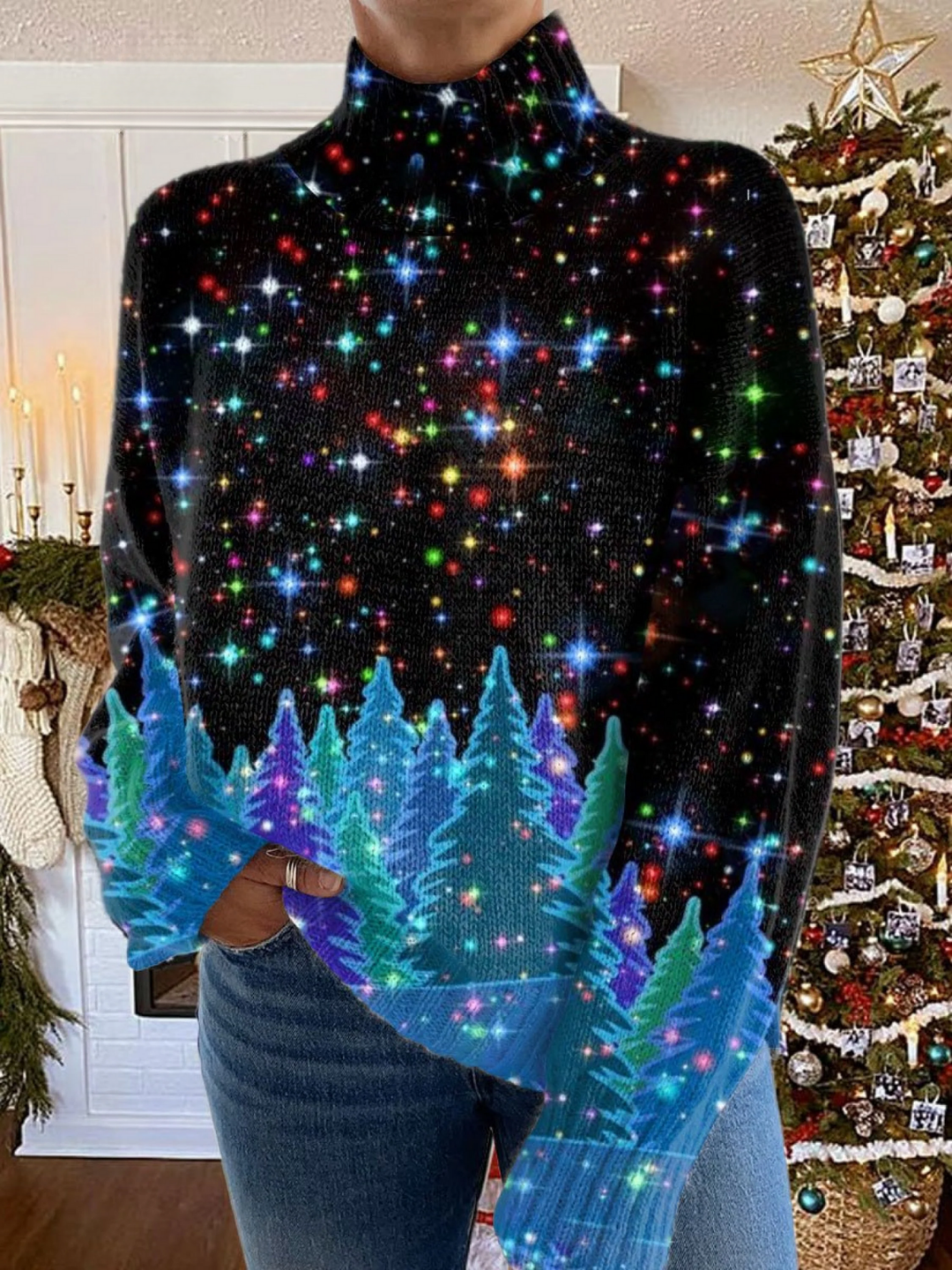 Camisola de gola alta com estampado de Natal com brilhantes