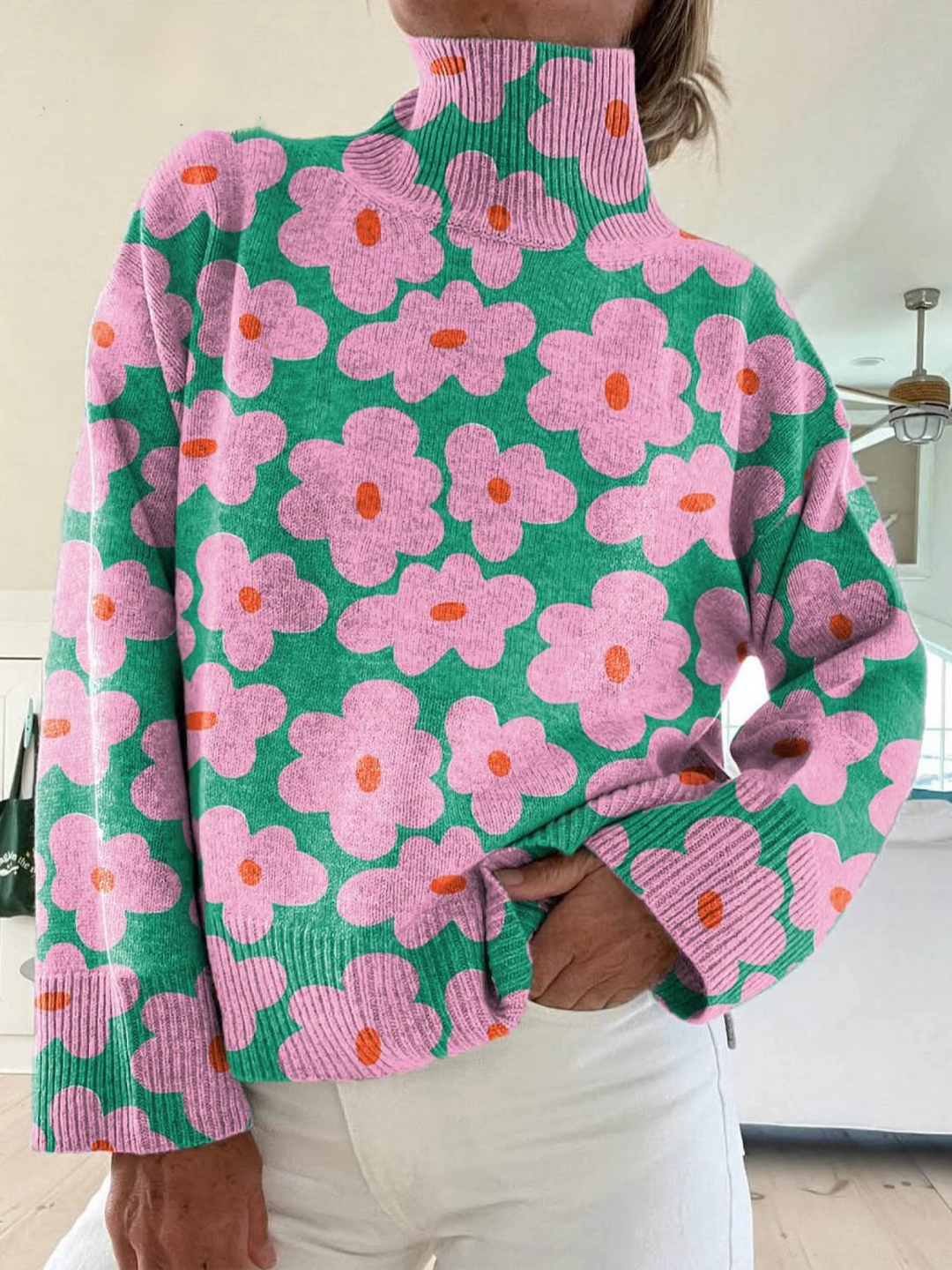 Camisola de gola alta às riscas com padrão de arte floral
