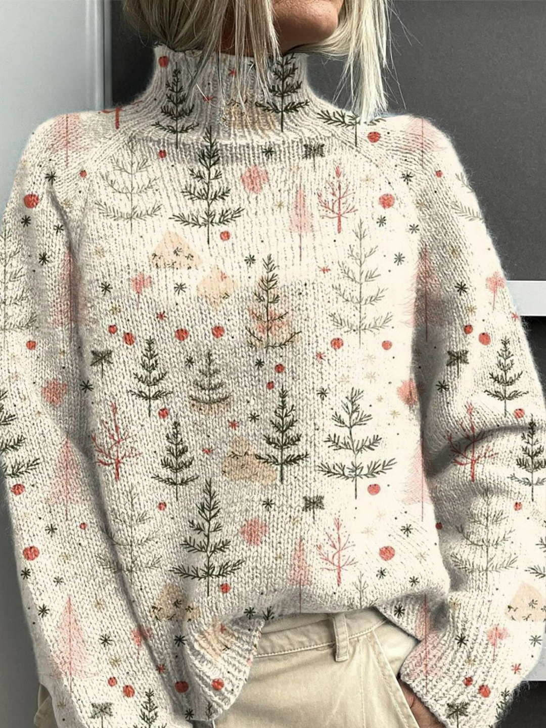 Camisola de gola alta com estampado de árvore de Natal