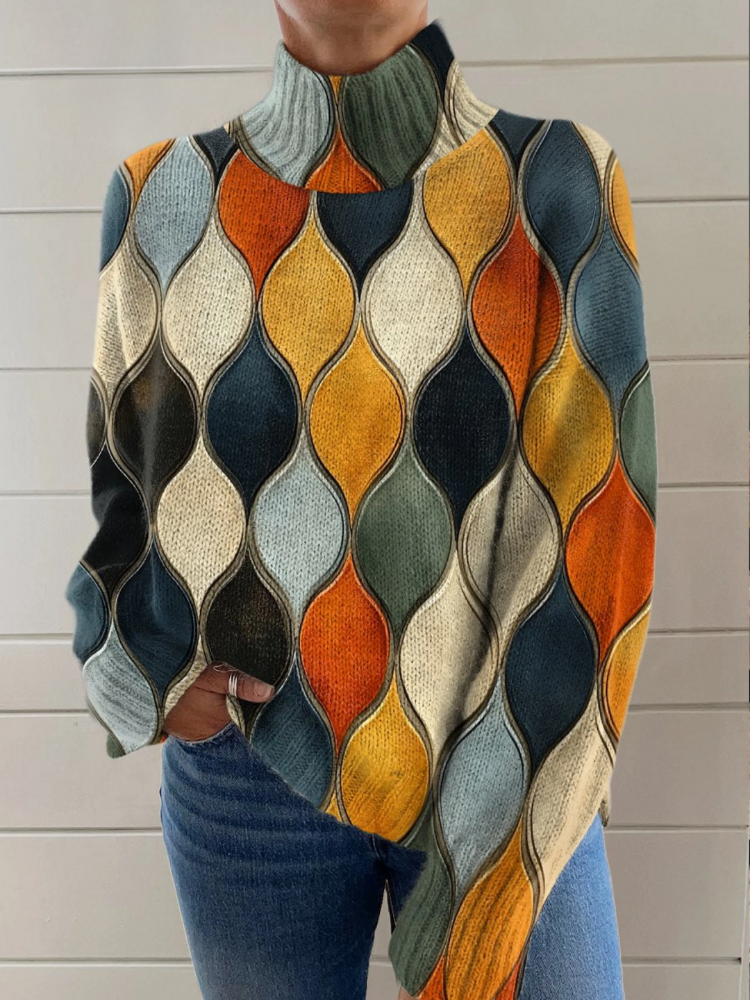 Camisola de gola alta com padrão oval e ondulado abstrato