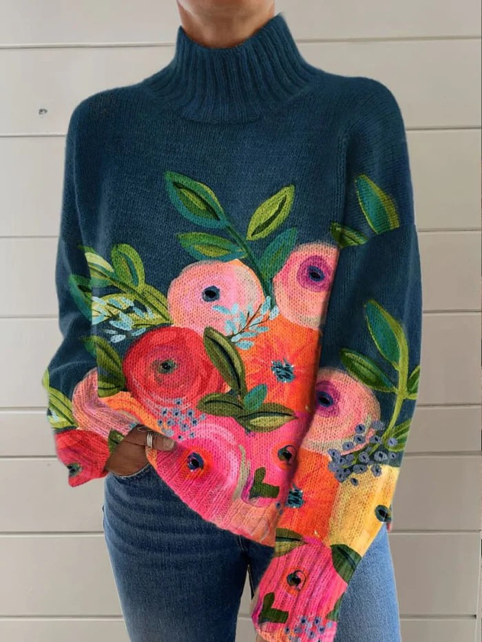 Camisola de gola alta retro com estampado floral