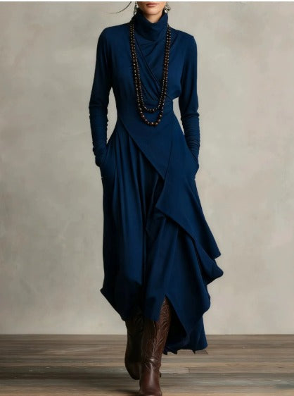 Petronia | Asymmetrical Maxi Knit Dress with Roll Neck