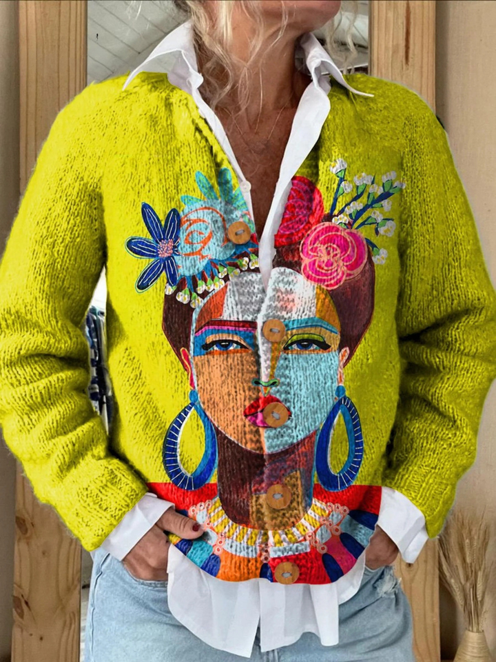 Ölgemälde Freda Porträt Kunst gedruckt geknöpfte Strickjacke Pullover