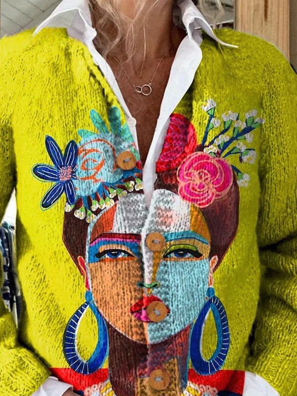 Ölgemälde Freda Porträt Kunst gedruckt geknöpfte Strickjacke Pullover
