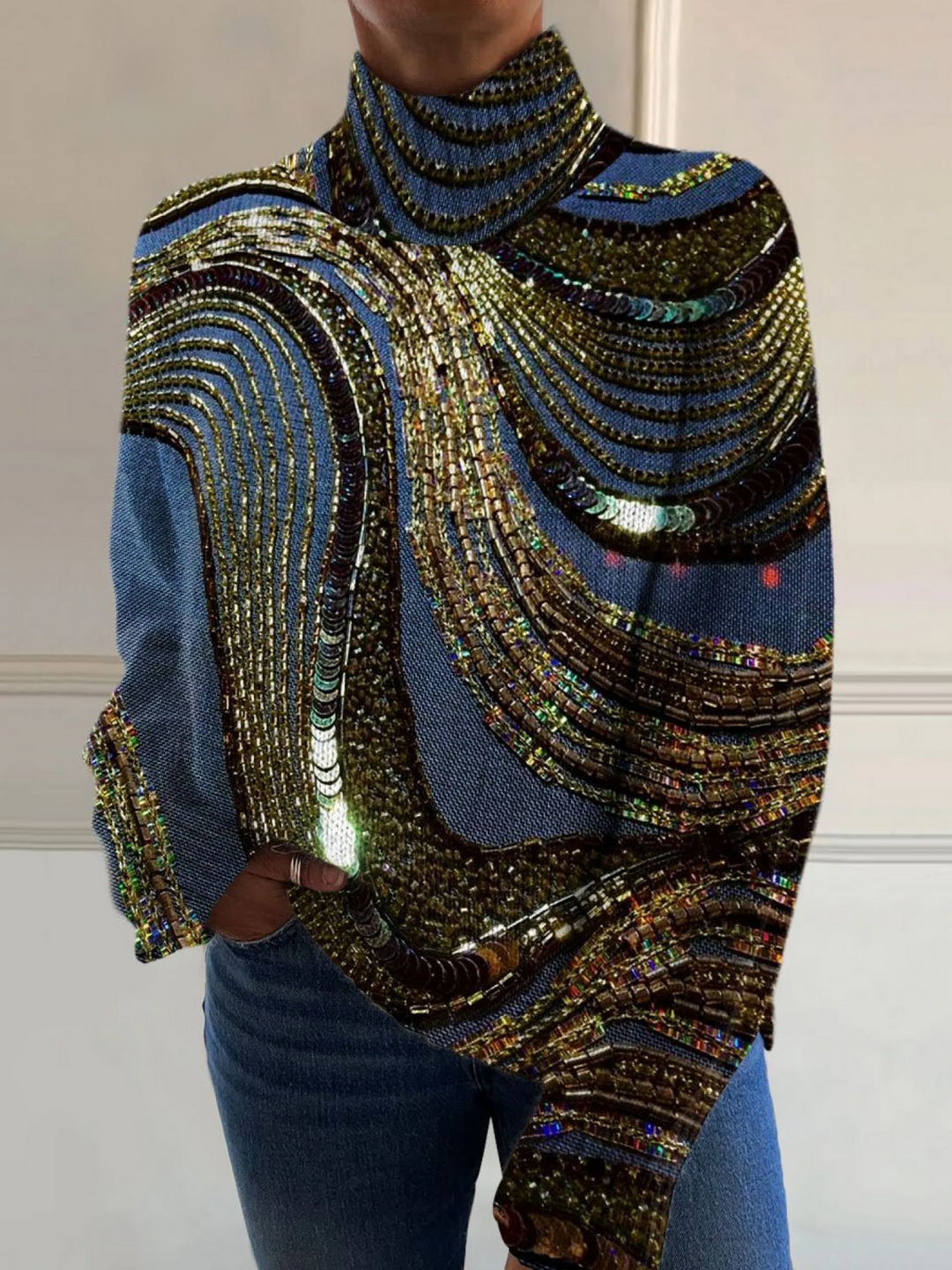 Jersey de cuello alto con lujoso estampado de perlas
