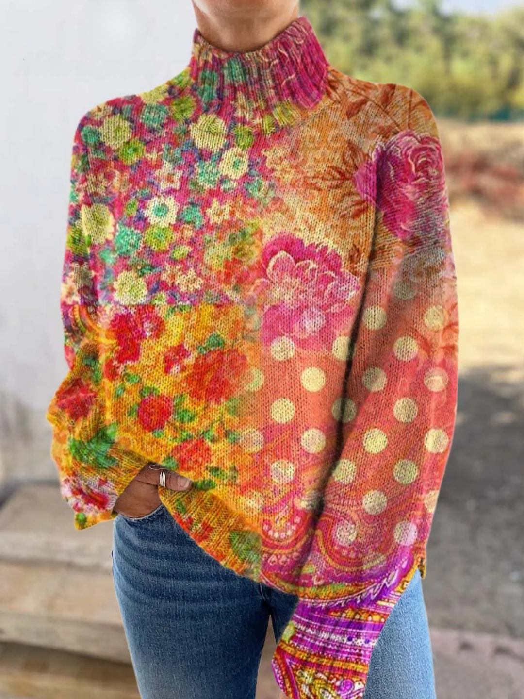 Jersey de cuello alto con estampado floral de lunares