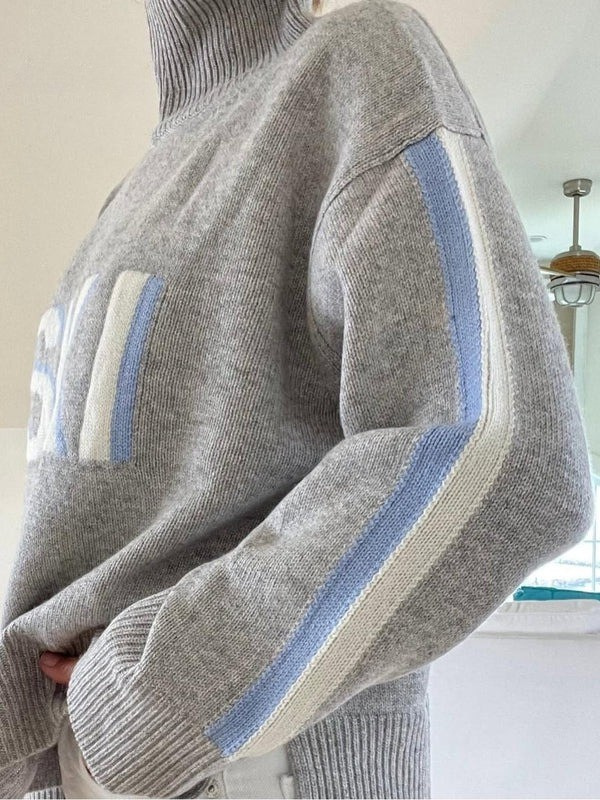 Retro kashmirista valmistettu turtleneck-pusero hiihtokuviolla