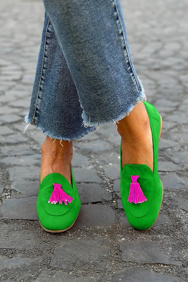 April | Green Loafers Featuring Fuchsia Tassels