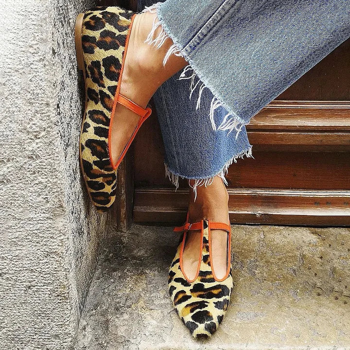 Alina | Leopard Print T-Strap Flats