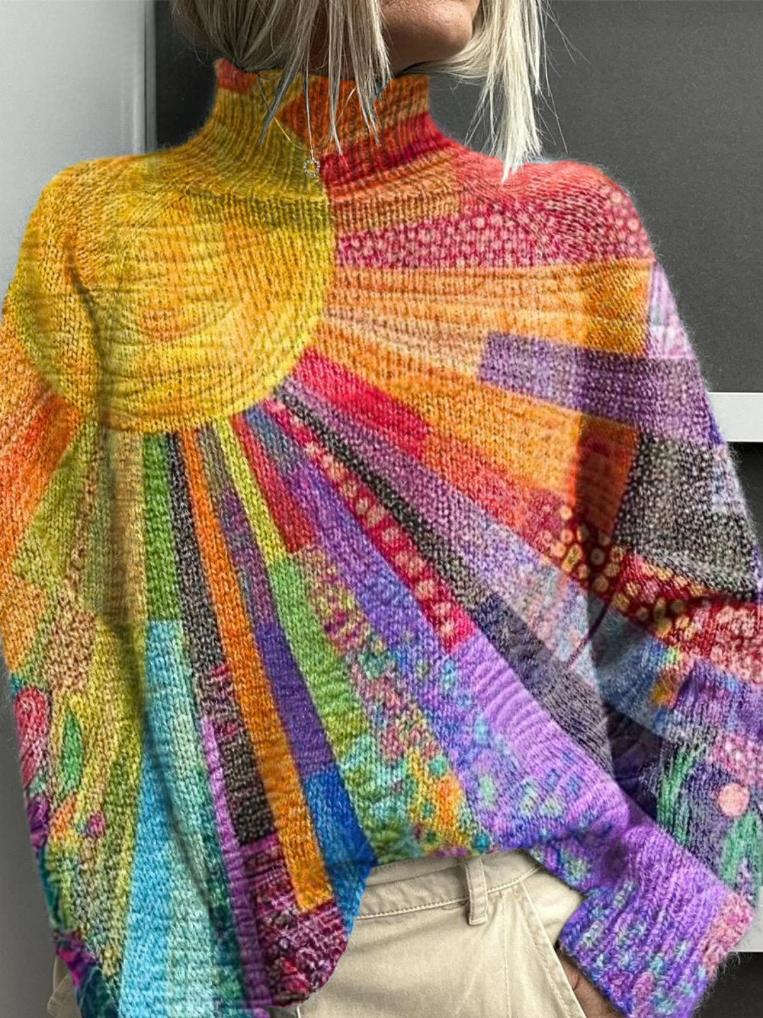 Maglione dolcevita con stampa solare colorata
