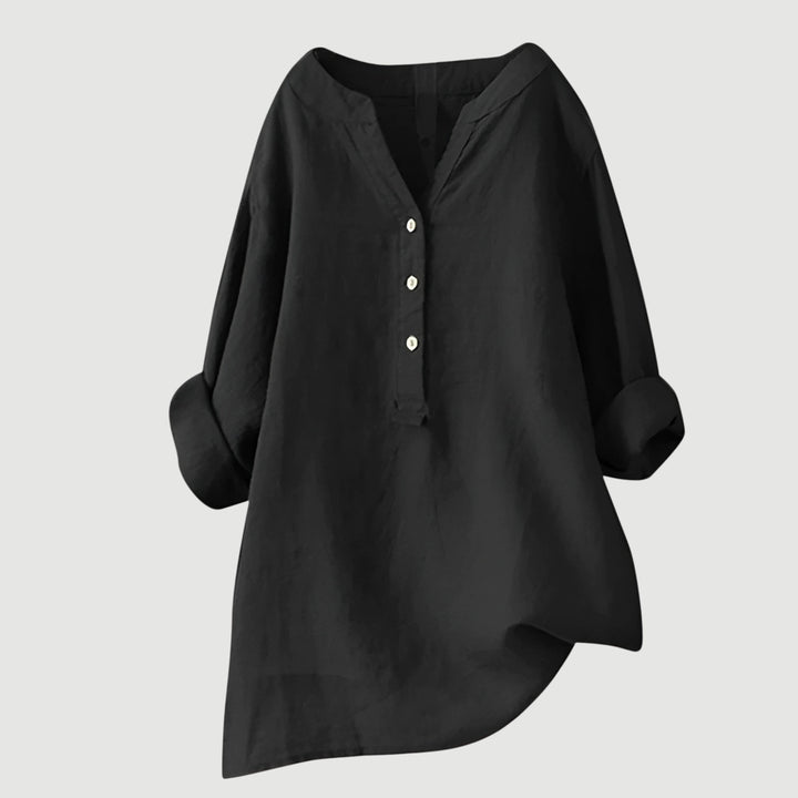 Blusa de linho arejada com pormenores de botões